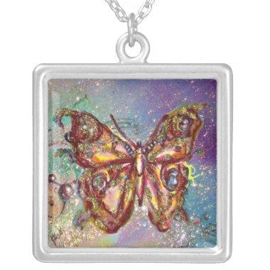 BUTTERFLY IN SPARKLES , blue Silver Plated Necklace