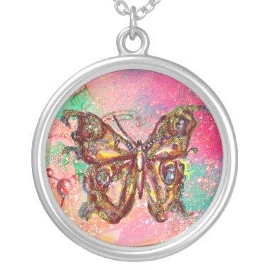 BUTTERFLY IN SPARKLES , pink green Silver Plated Necklace