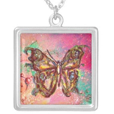 BUTTERFLY IN SPARKLES , pink green Silver Plated Necklace