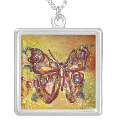 BUTTERFLY IN SPARKLES , yellow red brown Silver Plated Necklace