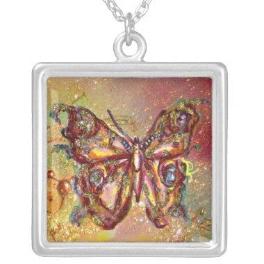 BUTTERFLY IN SPARKLES , yellow red brown Silver Plated Necklace