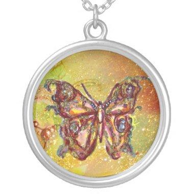 BUTTERFLY IN SPARKLES , yellow red brown Silver Plated Necklace