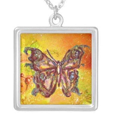 BUTTERFLY IN SPARKLES , yellow red Silver Plated Necklace