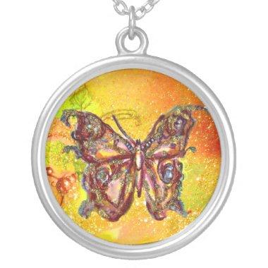 BUTTERFLY IN SPARKLES , yellow red Silver Plated Necklace