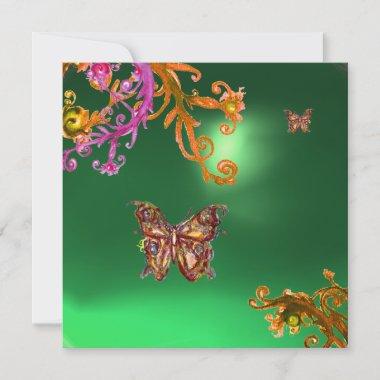 BUTTERFLY JADE GREEN, bright pink yellow brown Invitations