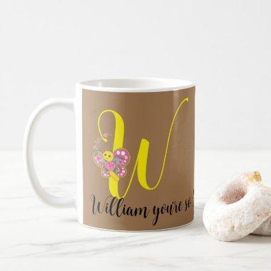 Butterfly Letter W Floral Mug