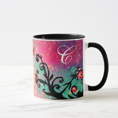 BUTTERFLY PINK SPARKLES, BLACK FLORAL MONOGRAM, MUG