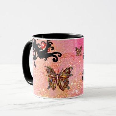 BUTTERFLY PINK SPARKLES, BLACK FLORAL MONOGRAM, MUG