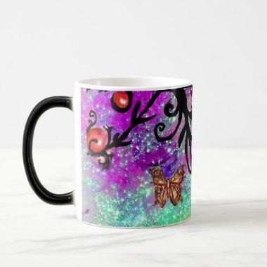 BUTTERFLY PURPLE SPARKLES, BLACK FLORAL MONOGRAM, MAGIC MUG