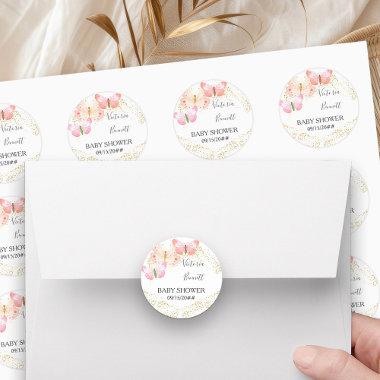 Butterfly Skies Coral Pink Gold Confetti Classic Round Sticker
