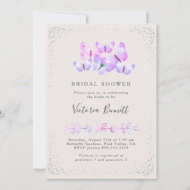 Butterfly Skies Pink Silver Confetti Bridal Shower Invitations