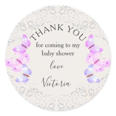 Butterfly Skies Pink Silver Confetti Thank You Classic Round Sticker