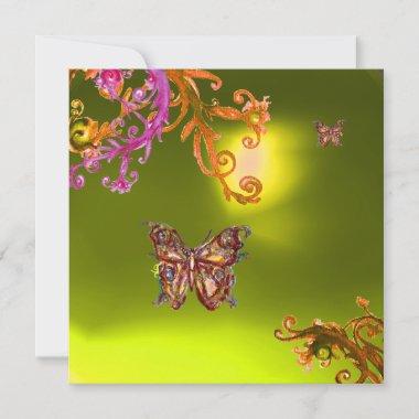 BUTTERFLY TOPAZ YELLOW, bright pink orange brown Invitations