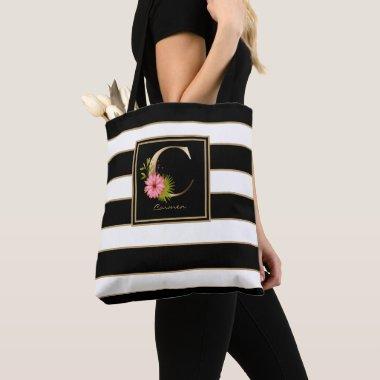 C Gold Floral Monogram | Black White Gold Stripes Tote Bag