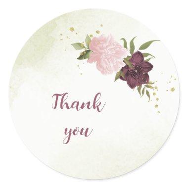 cabernet pink flowers greenery wedding classic round sticker