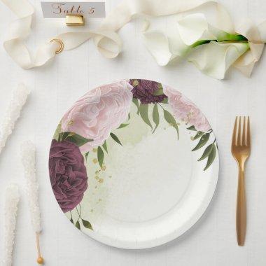 cabernet pink flowers greenery wedding paper plates