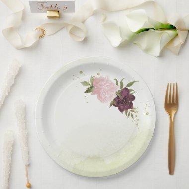 cabernet pink flowers greenery wedding paper plates