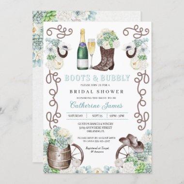 Cacti Floral Western Boots & Bubbly Bridal Shower Invitations
