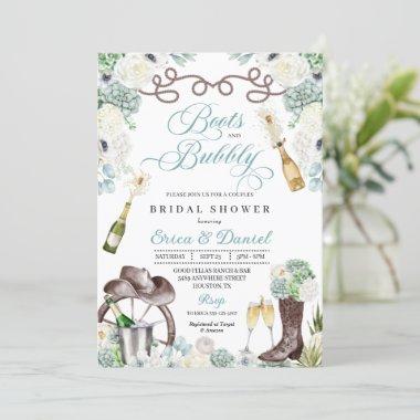 Cacti Floral Western Boots & Bubbly Bridal Shower Invitations
