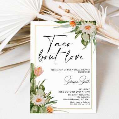 Cactus Floral Gold Frame Taco Love Bridal Shower Invitations