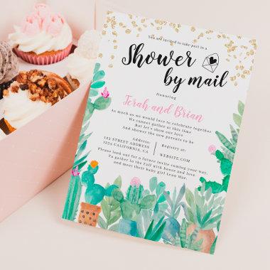 Cactus gold glitter watercolor baby shower by mail Invitations