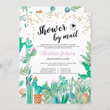 Cactus gold glitter watercolor shower by mail Invitations