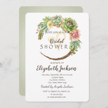 Cactus Succulent Glitter Heart Bridal Shower Invitations