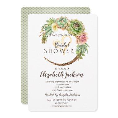 Cactus Succulent Glitter Heart Bridal Shower Invitations