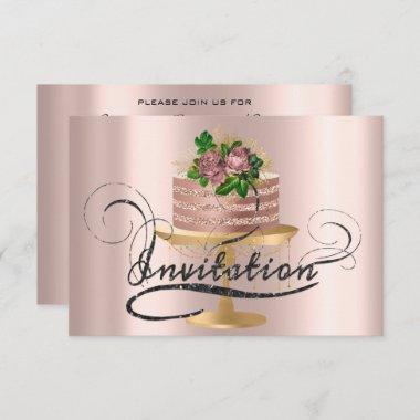 Cake Rose Birthday Party Bridal Shower Glitter Invitations
