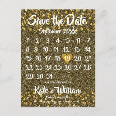 Calendar Save the Date Gold Love Hearts Glitter Announcement PostInvitations