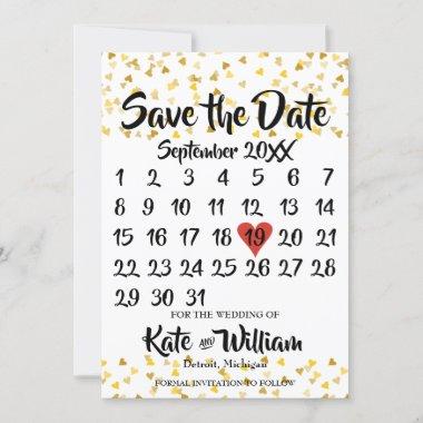 Calendar Save the Date Golden Love Hearts Confetti