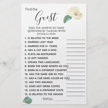 Calla Lily Find the Guest Bridal shower game Invitations Flyer