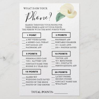 Calla Lily What is on your phone Shower game Invitations Flyer