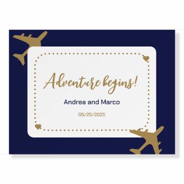 Calligraphy Blue and Gold Boarding Pass Wedding Foam Board