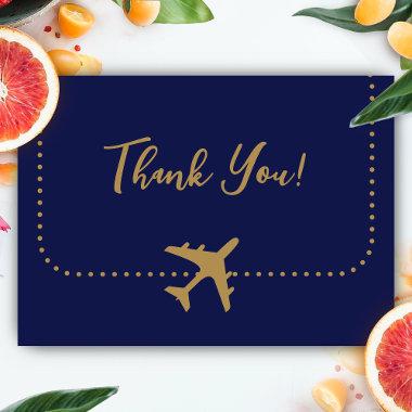 Calligraphy Blue and Gold Boarding Pass Wedding Thank You Invitations