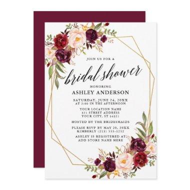 Calligraphy Burgundy Geometric Bridal Shower Invitations