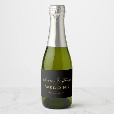 Calligraphy Elegant Black & Gold Mini Bottle Sparkling Wine Label