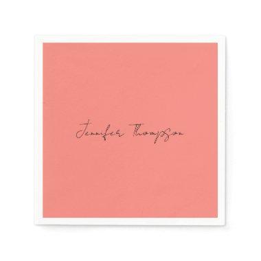 Calligraphy Elegant Coral Pink Plain Simple Name Napkins