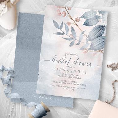 Calligraphy Floral Bridal Shower Dusty Blue ID771 Invitations