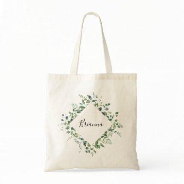 Calligraphy Script Green Foliage Bridesmaid Tote Bag