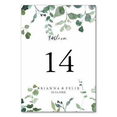 Calligraphy Script Green Foliage Wedding Table Number