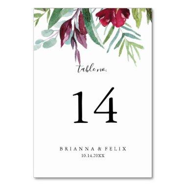 Calligraphy Tropical Colored Floral Wedding Table Number