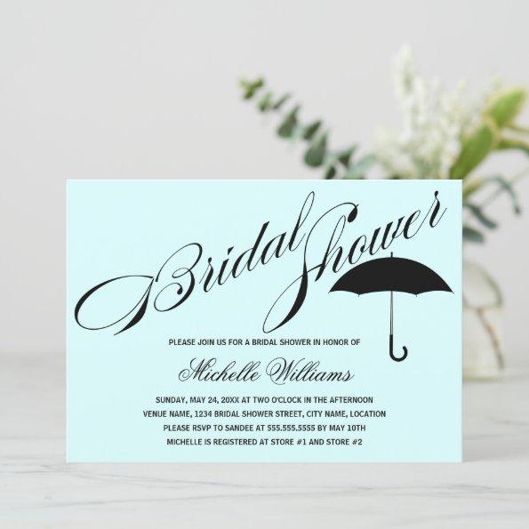 Calligraphy Umbrella Aqua Bridal Shower Invitations