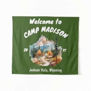 Camp Bachelorette Party Mountain Camping Prop Sign Tapestry