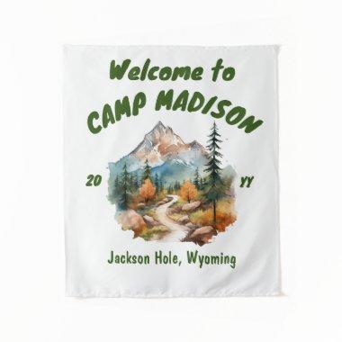Camp Bachelorette Party Mountain Camping Prop Sign Tapestry