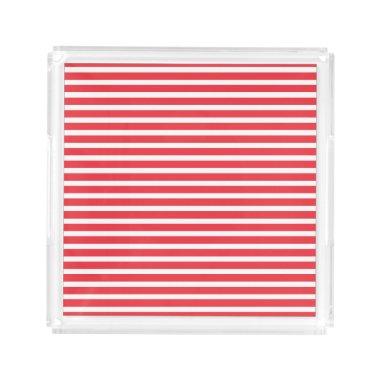 Candy Cane Red and White Simple Horizontal Striped Acrylic Tray