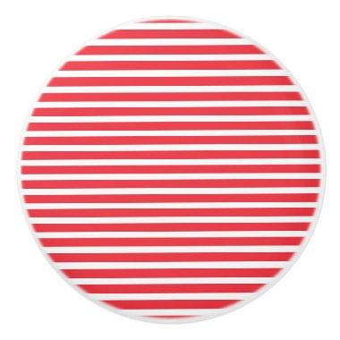 Candy Cane Red and White Simple Horizontal Striped Ceramic Knob