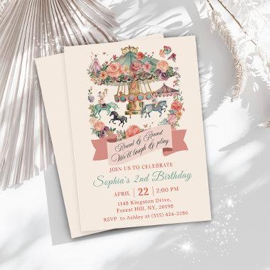 Carousel Carnival 2nd Birthday Party Invitations