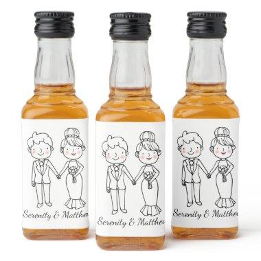 Cartoon Bride Groom Whimsical Black White Wedding Liquor Bottle Label