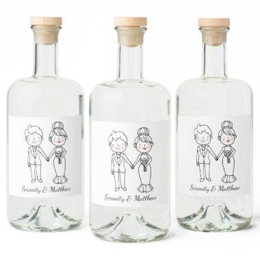 Cartoon Bride Groom Whimsical Black White Wedding Liquor Bottle Label